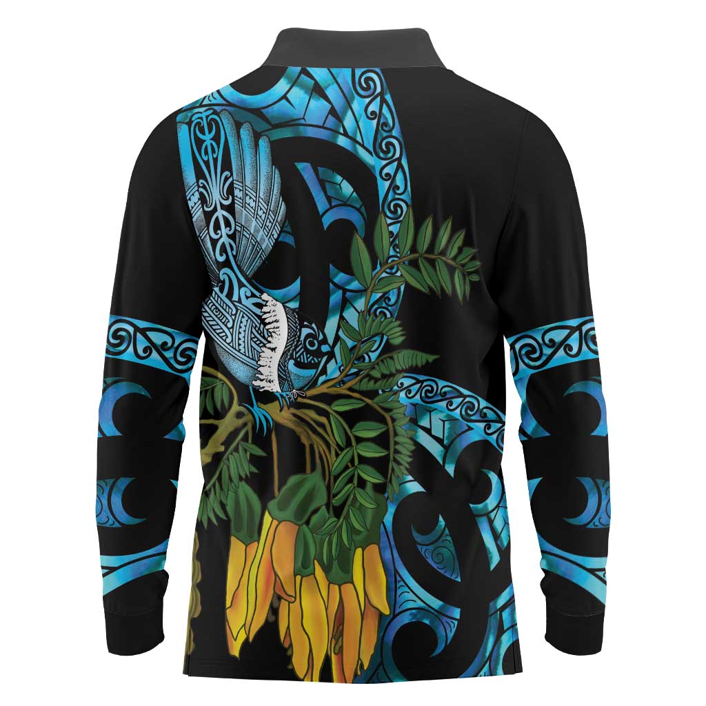 Turquoise New Zealand Kowhai And Piwakawaka Long Sleeve Polo Shirt Maori Ngaru Paua Shell LT14 - Polynesian Pride