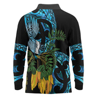 Turquoise New Zealand Kowhai And Piwakawaka Long Sleeve Polo Shirt Maori Ngaru Paua Shell LT14 - Polynesian Pride
