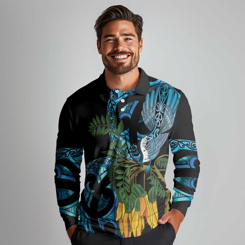 Turquoise New Zealand Kowhai And Piwakawaka Long Sleeve Polo Shirt Maori Ngaru Paua Shell LT14 - Polynesian Pride