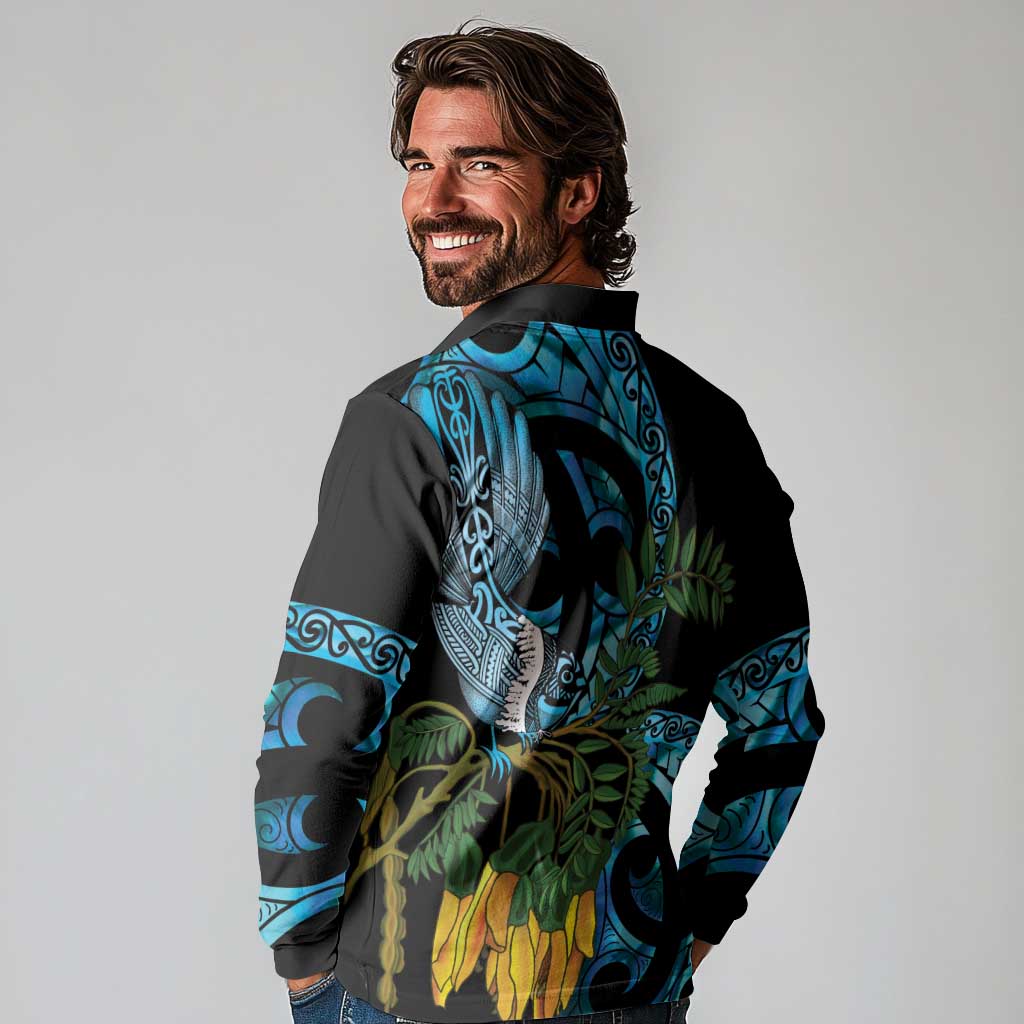Turquoise New Zealand Kowhai And Piwakawaka Long Sleeve Polo Shirt Maori Ngaru Paua Shell LT14 - Polynesian Pride