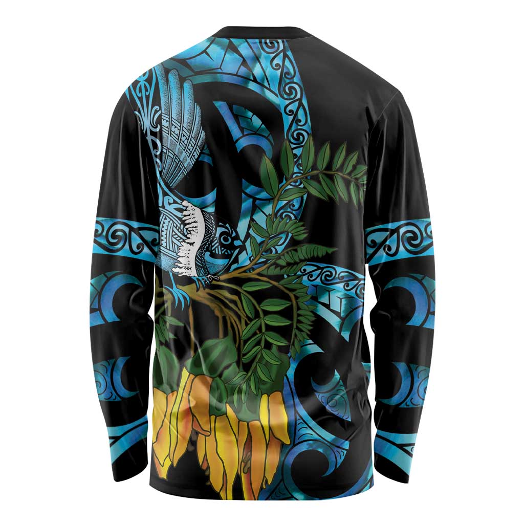 Turquoise New Zealand Kowhai And Piwakawaka Long Sleeve Shirt Maori Ngaru Paua Shell LT14 - Polynesian Pride