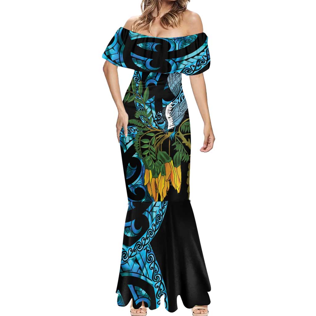 Turquoise New Zealand Kowhai And Piwakawaka Mermaid Dress Maori Ngaru Paua Shell LT14 - Polynesian Pride