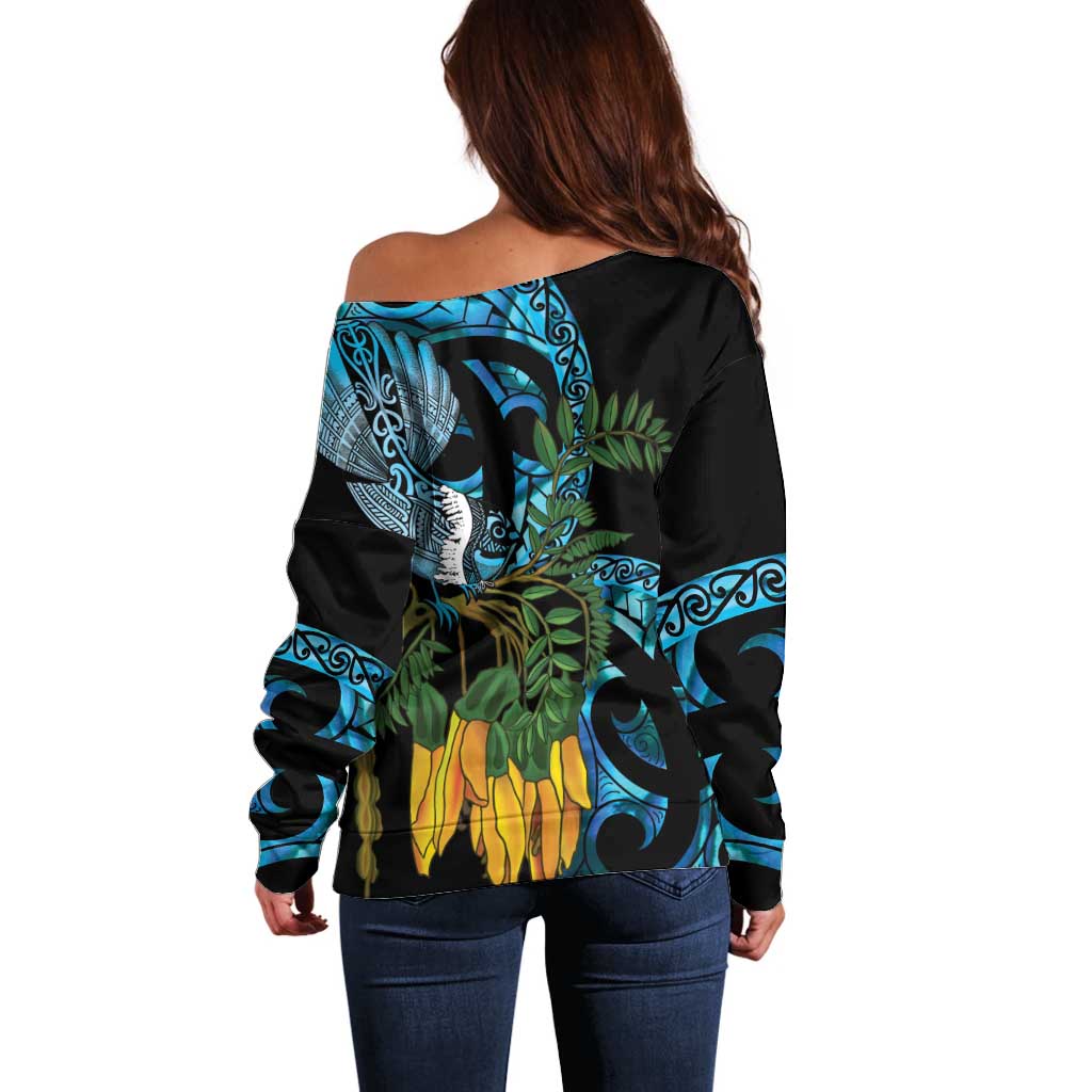 Turquoise New Zealand Kowhai And Piwakawaka Off Shoulder Sweater Maori Ngaru Paua Shell LT14 - Polynesian Pride