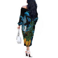 Turquoise New Zealand Kowhai And Piwakawaka Off The Shoulder Long Sleeve Dress Maori Ngaru Paua Shell LT14 - Polynesian Pride