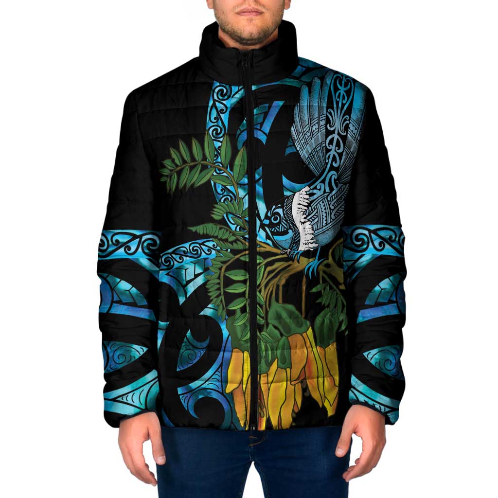 Turquoise New Zealand Kowhai And Piwakawaka Padded Jacket Maori Ngaru Paua Shell LT14 Men Turquoise - Polynesian Pride