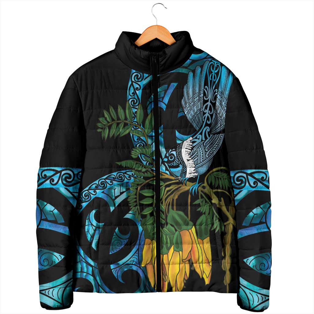 Turquoise New Zealand Kowhai And Piwakawaka Padded Jacket Maori Ngaru Paua Shell LT14 - Polynesian Pride