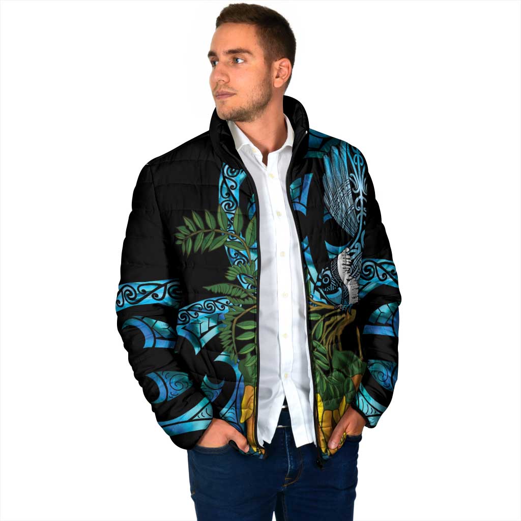Turquoise New Zealand Kowhai And Piwakawaka Padded Jacket Maori Ngaru Paua Shell LT14 - Polynesian Pride