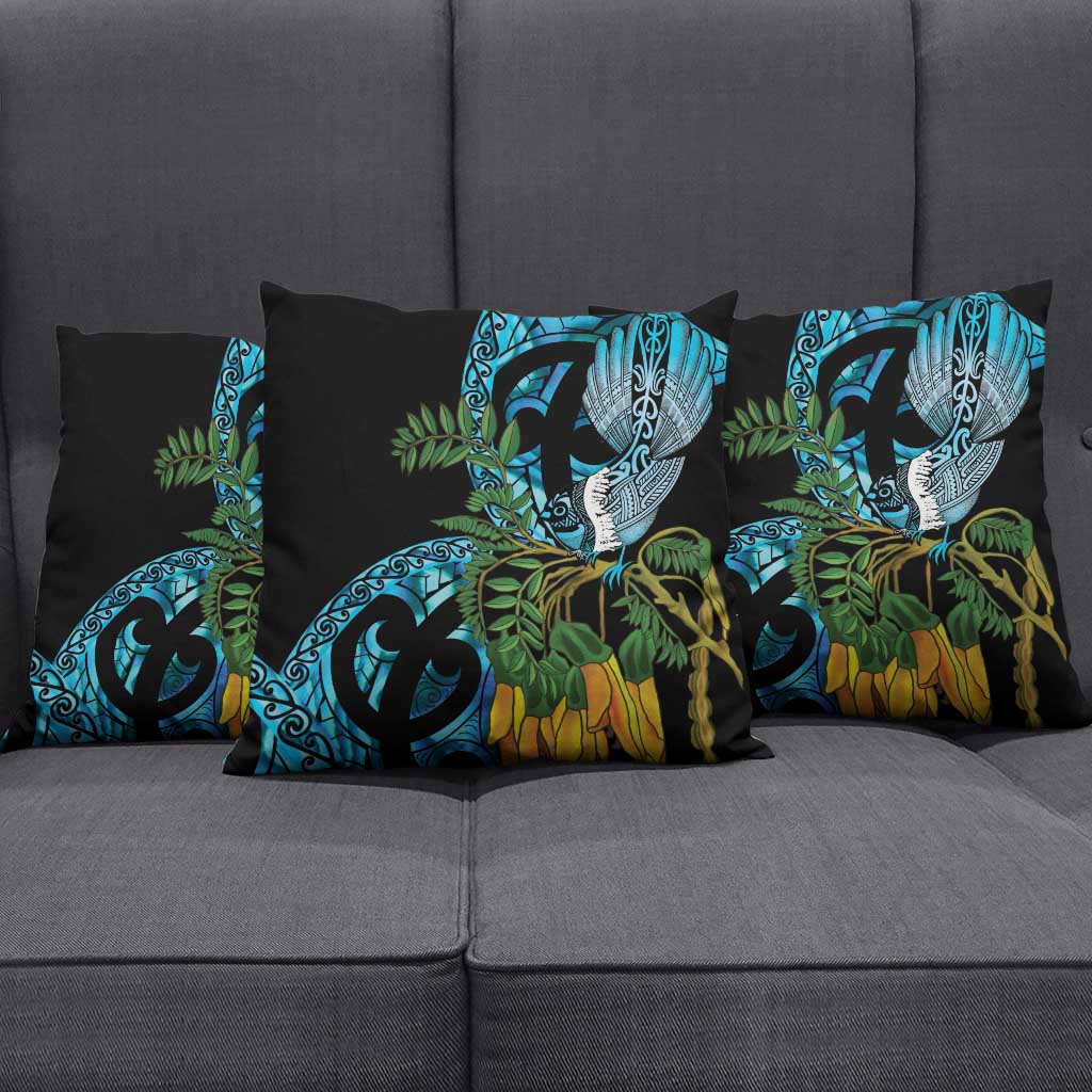 Turquoise New Zealand Kowhai And Piwakawaka Pillow Cover Maori Ngaru Paua Shell LT14 - Polynesian Pride