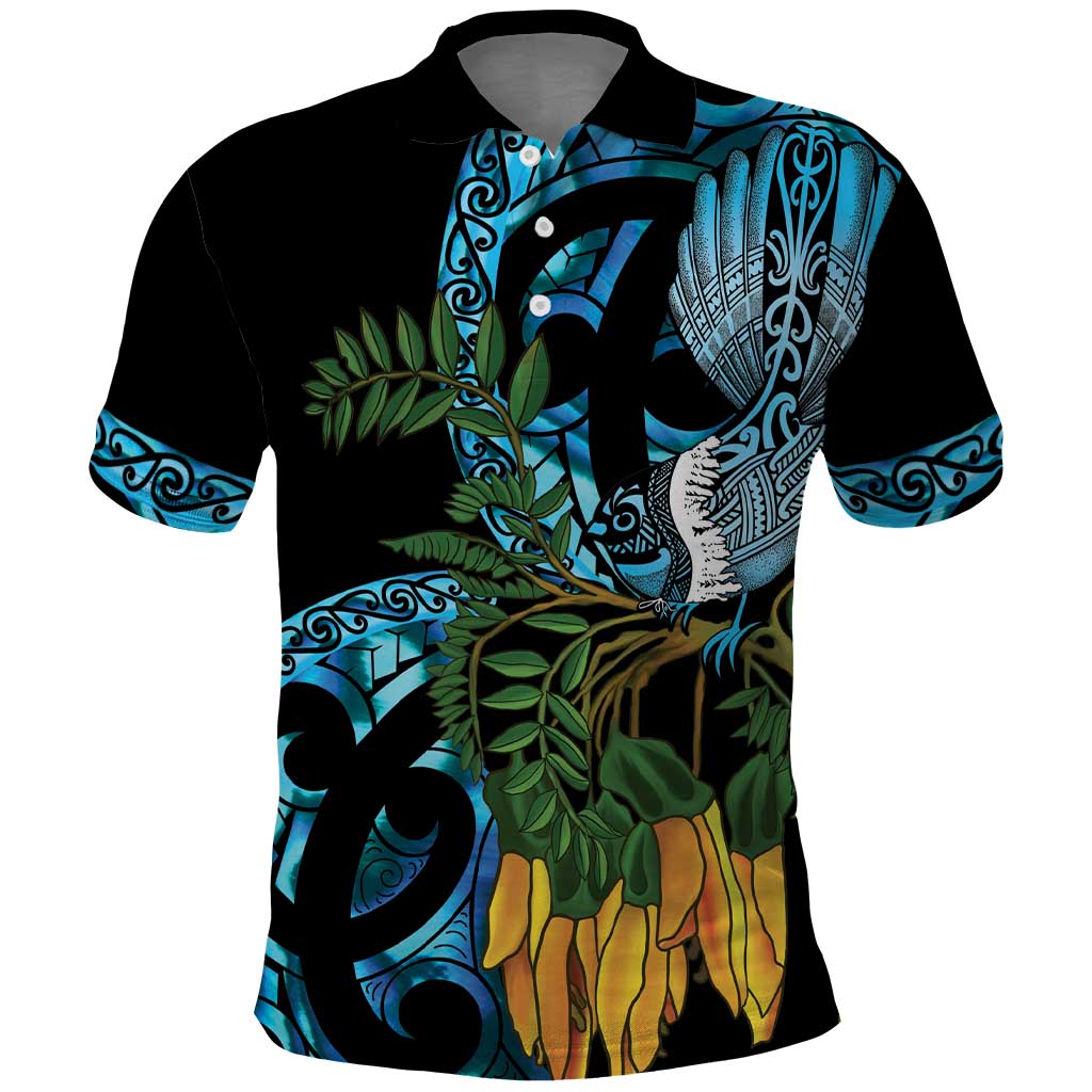 Turquoise New Zealand Kowhai And Piwakawaka Polo Shirt Maori Ngaru Paua Shell LT14 Turquoise - Polynesian Pride