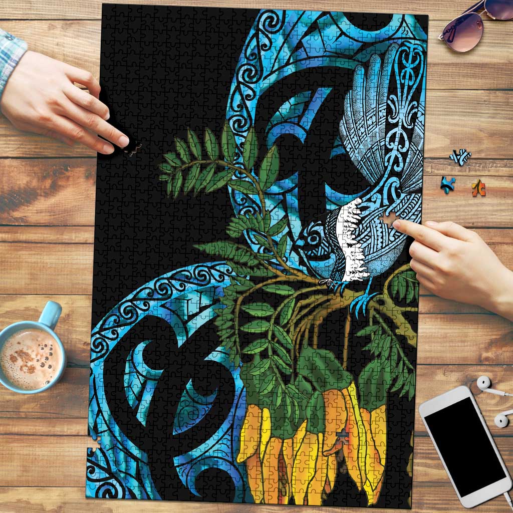 Turquoise New Zealand Kowhai And Piwakawaka Puzzle Maori Ngaru Paua Shell LT14 Turquoise - Polynesian Pride