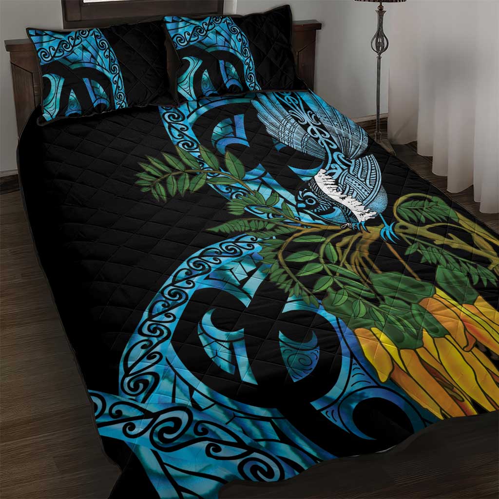 Turquoise New Zealand Kowhai And Piwakawaka Quilt Bed Set Maori Ngaru Paua Shell LT14 Turquoise - Polynesian Pride