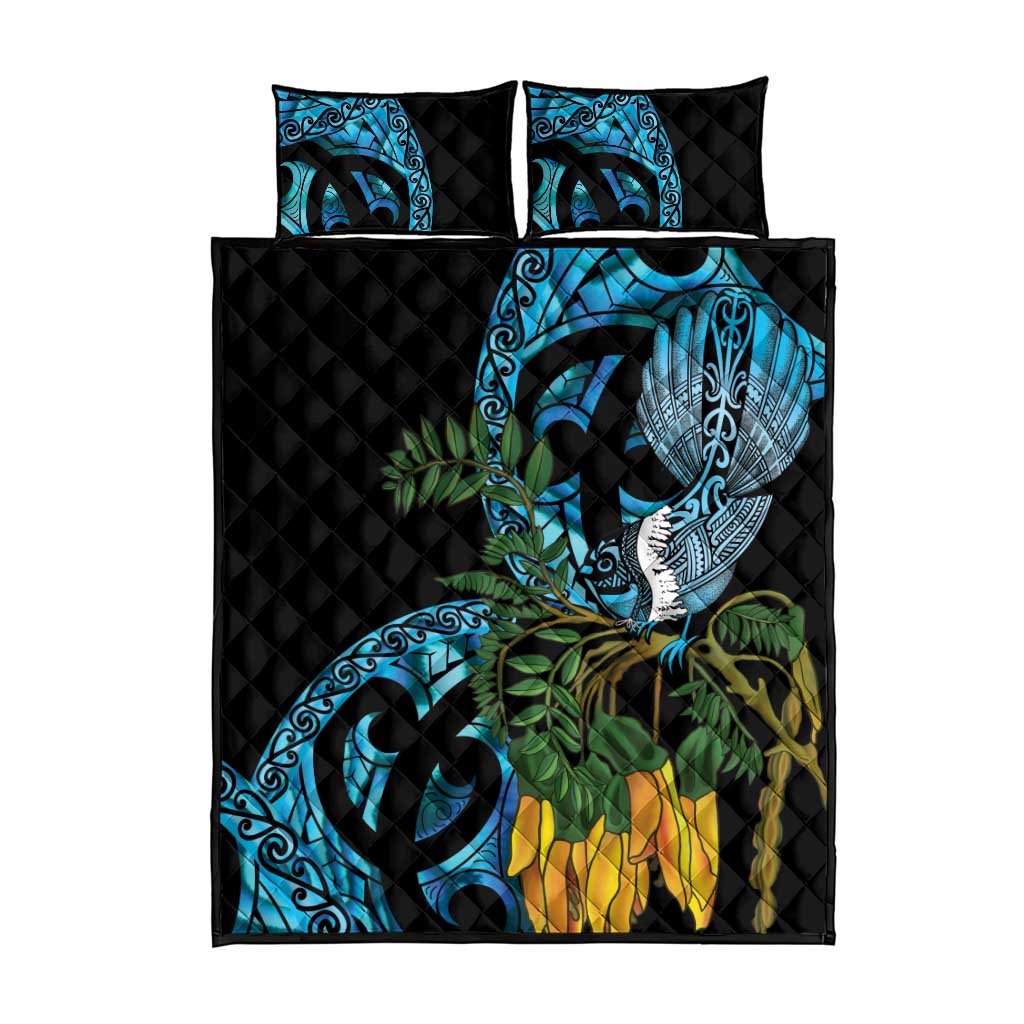 Turquoise New Zealand Kowhai And Piwakawaka Quilt Bed Set Maori Ngaru Paua Shell LT14 - Polynesian Pride