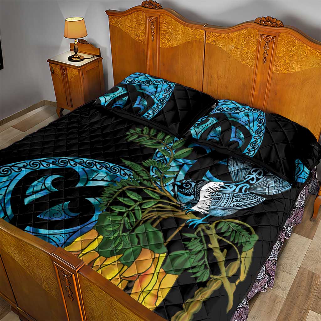 Turquoise New Zealand Kowhai And Piwakawaka Quilt Bed Set Maori Ngaru Paua Shell LT14 - Polynesian Pride