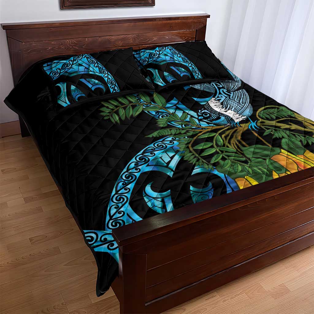Turquoise New Zealand Kowhai And Piwakawaka Quilt Bed Set Maori Ngaru Paua Shell LT14 - Polynesian Pride