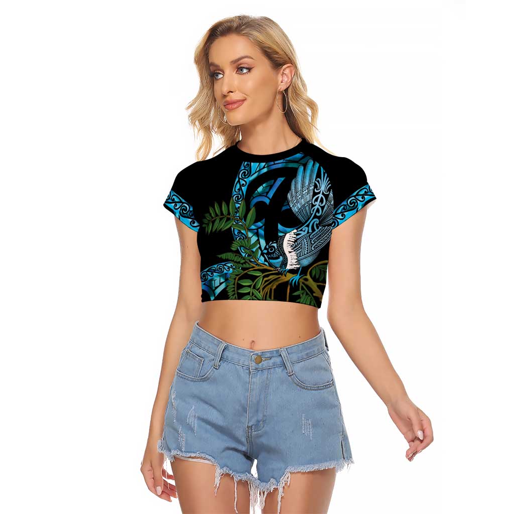 Turquoise New Zealand Kowhai And Piwakawaka Raglan Cropped T Shirt Maori Ngaru Paua Shell LT14 Female Turquoise - Polynesian Pride