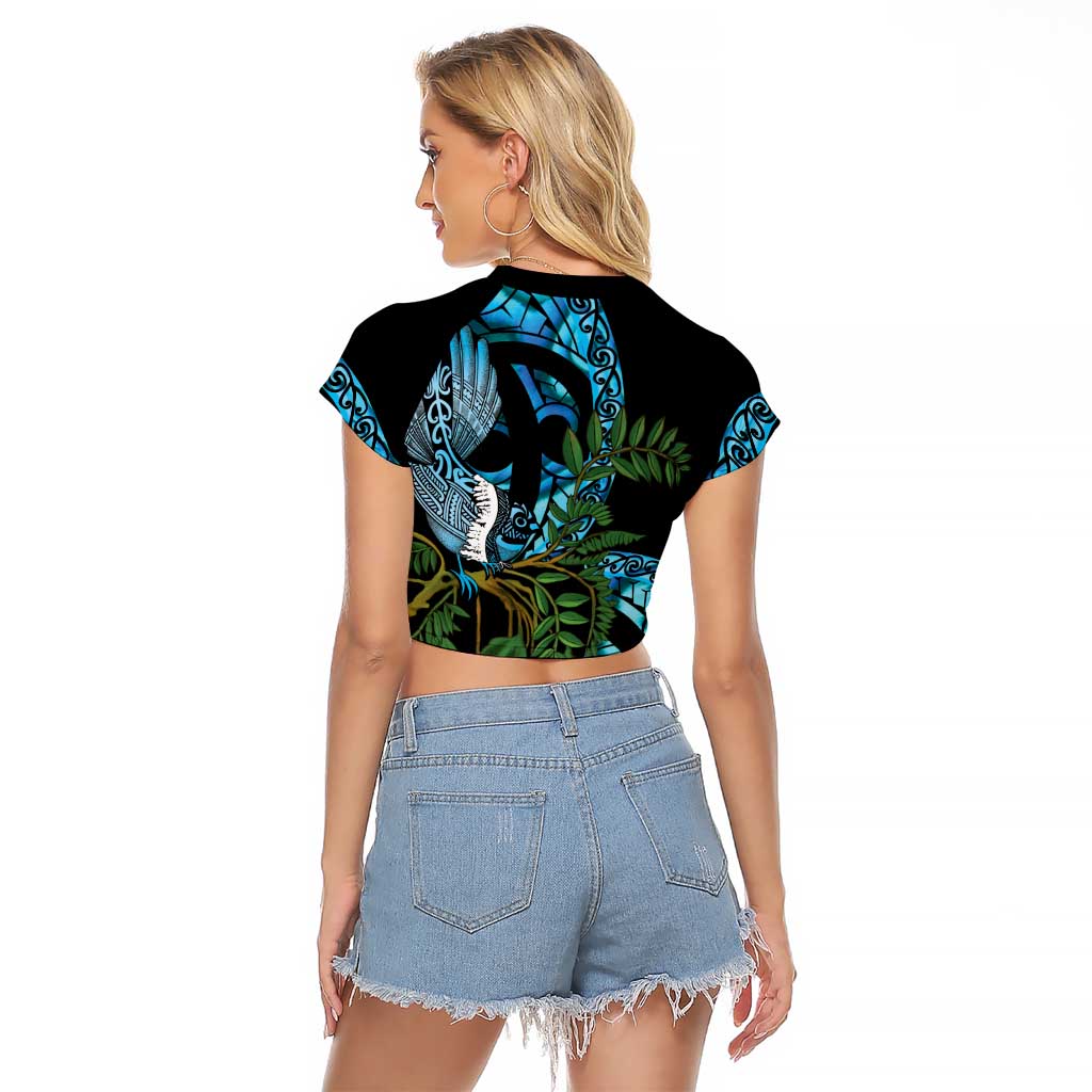 Turquoise New Zealand Kowhai And Piwakawaka Raglan Cropped T Shirt Maori Ngaru Paua Shell LT14 - Polynesian Pride
