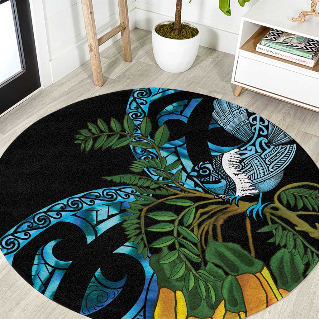 Turquoise New Zealand Kowhai And Piwakawaka Round Carpet Maori Ngaru Paua Shell LT14 Turquoise - Polynesian Pride