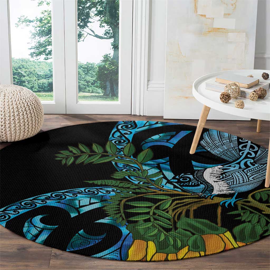 Turquoise New Zealand Kowhai And Piwakawaka Round Carpet Maori Ngaru Paua Shell LT14 - Polynesian Pride