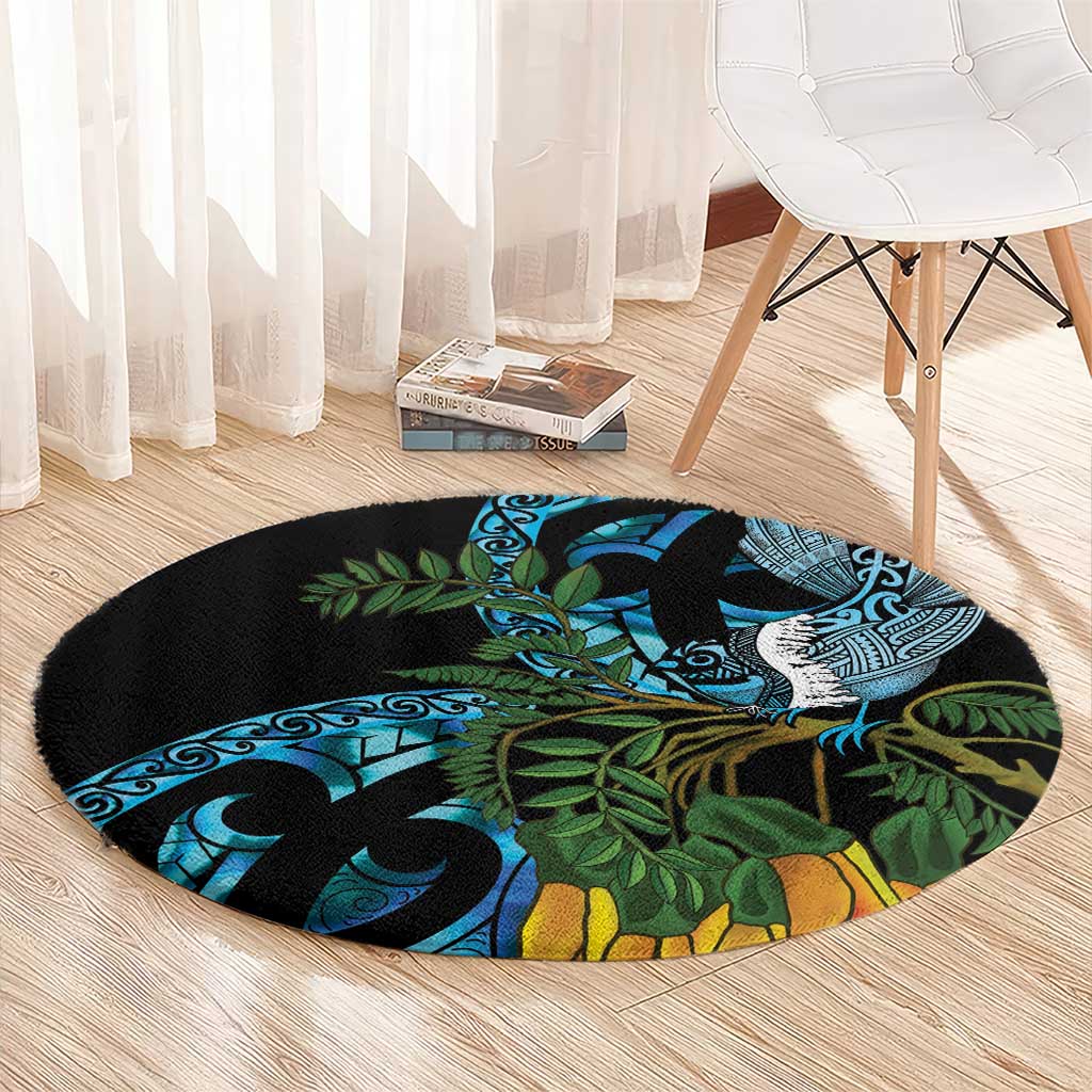 Turquoise New Zealand Kowhai And Piwakawaka Round Carpet Maori Ngaru Paua Shell LT14 - Polynesian Pride