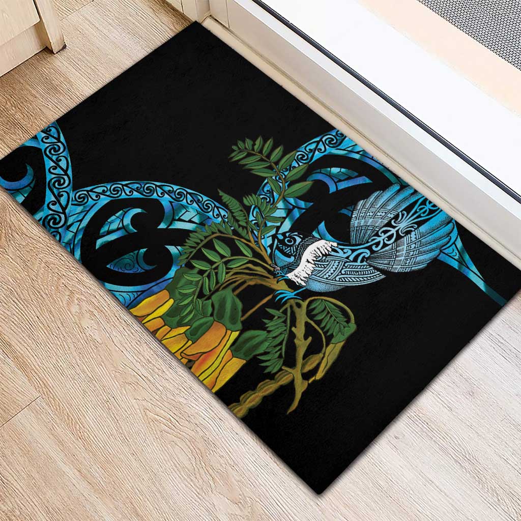 Turquoise New Zealand Kowhai And Piwakawaka Rubber Doormat Maori Ngaru Paua Shell LT14 - Polynesian Pride