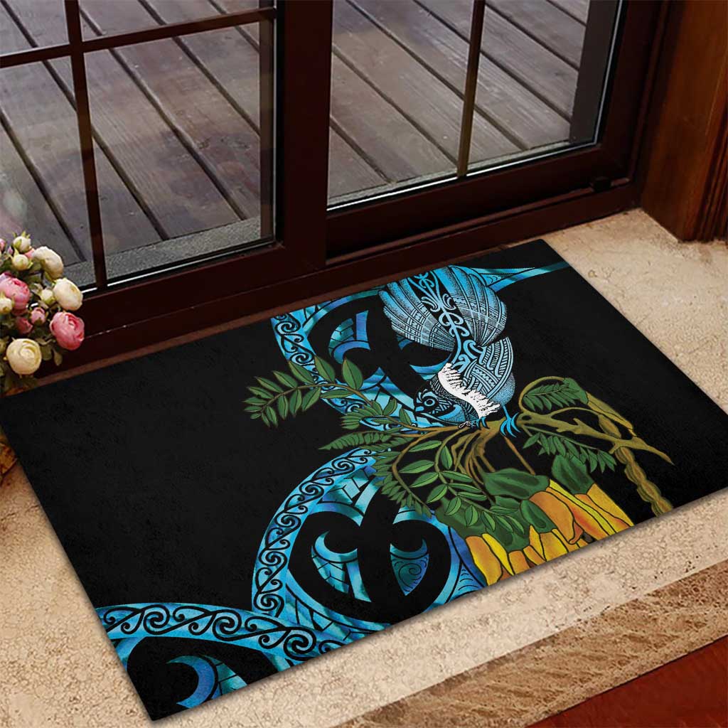 Turquoise New Zealand Kowhai And Piwakawaka Rubber Doormat Maori Ngaru Paua Shell LT14 - Polynesian Pride