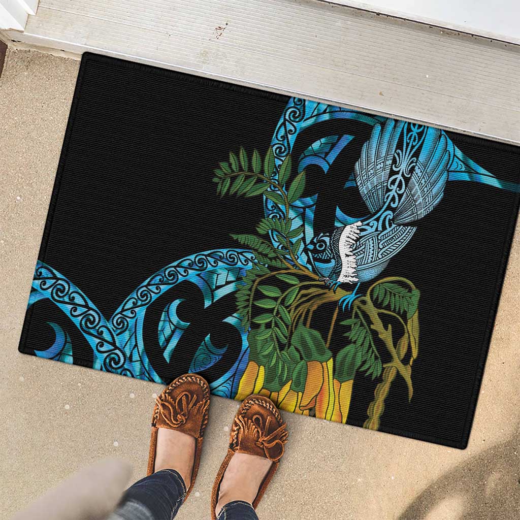 Turquoise New Zealand Kowhai And Piwakawaka Rubber Doormat Maori Ngaru Paua Shell LT14 - Polynesian Pride