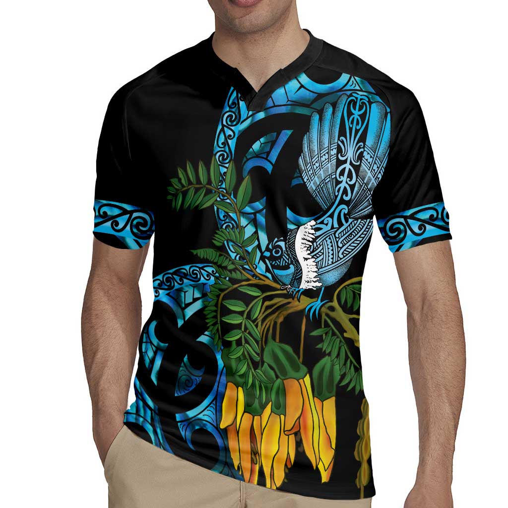 Turquoise New Zealand Kowhai And Piwakawaka Rugby Jersey Maori Ngaru Paua Shell LT14 - Polynesian Pride