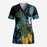 Turquoise New Zealand Kowhai And Piwakawaka Scrub Top Maori Ngaru Paua Shell LT14 Adult Turquoise - Polynesian Pride