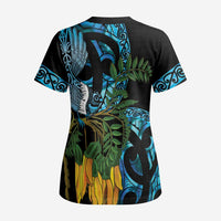 Turquoise New Zealand Kowhai And Piwakawaka Scrub Top Maori Ngaru Paua Shell LT14 - Polynesian Pride