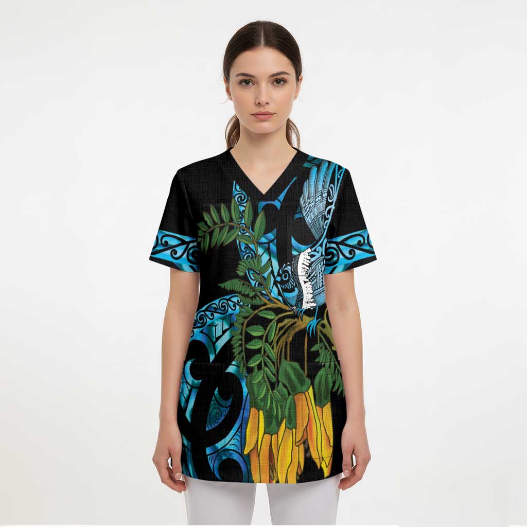 Turquoise New Zealand Kowhai And Piwakawaka Scrub Top Maori Ngaru Paua Shell LT14 - Polynesian Pride