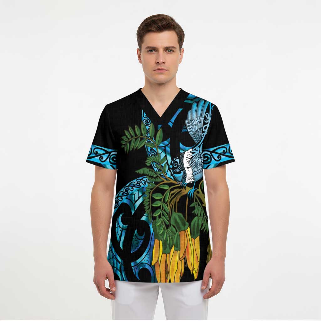 Turquoise New Zealand Kowhai And Piwakawaka Scrub Top Maori Ngaru Paua Shell LT14 - Polynesian Pride