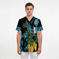 Turquoise New Zealand Kowhai And Piwakawaka Scrub Top Maori Ngaru Paua Shell LT14 - Polynesian Pride