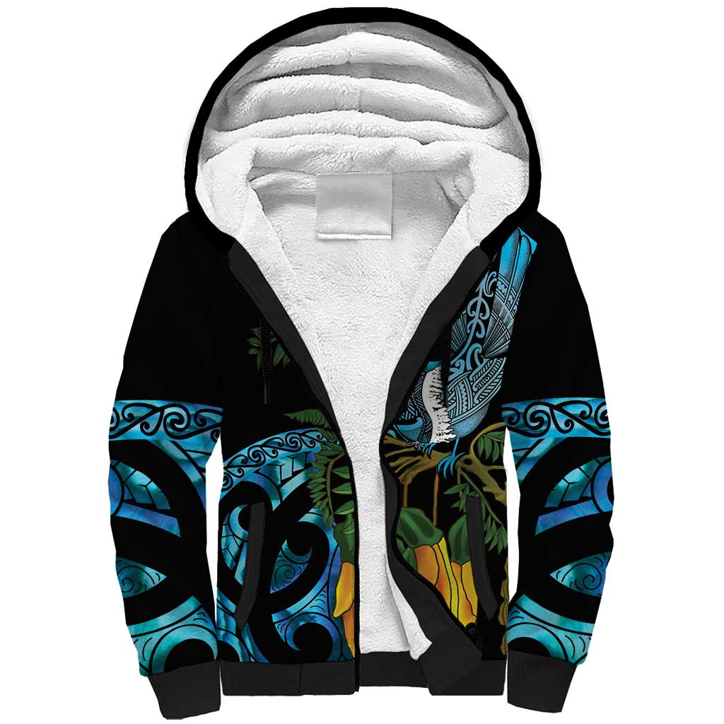 Turquoise New Zealand Kowhai And Piwakawaka Sherpa Hoodie Maori Ngaru Paua Shell LT14 Unisex Turquoise - Polynesian Pride