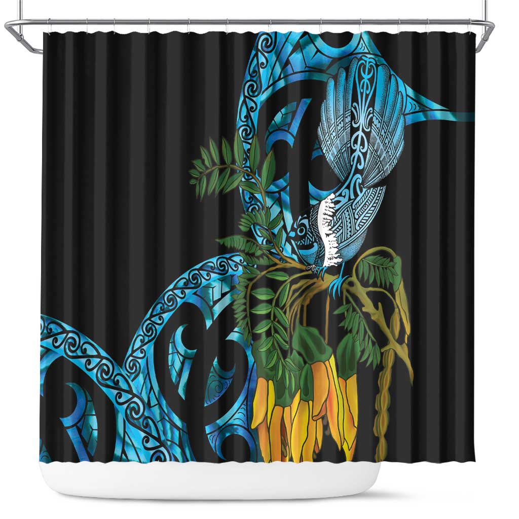 Turquoise New Zealand Kowhai And Piwakawaka Shower Curtain Maori Ngaru Paua Shell LT14 Turquoise - Polynesian Pride