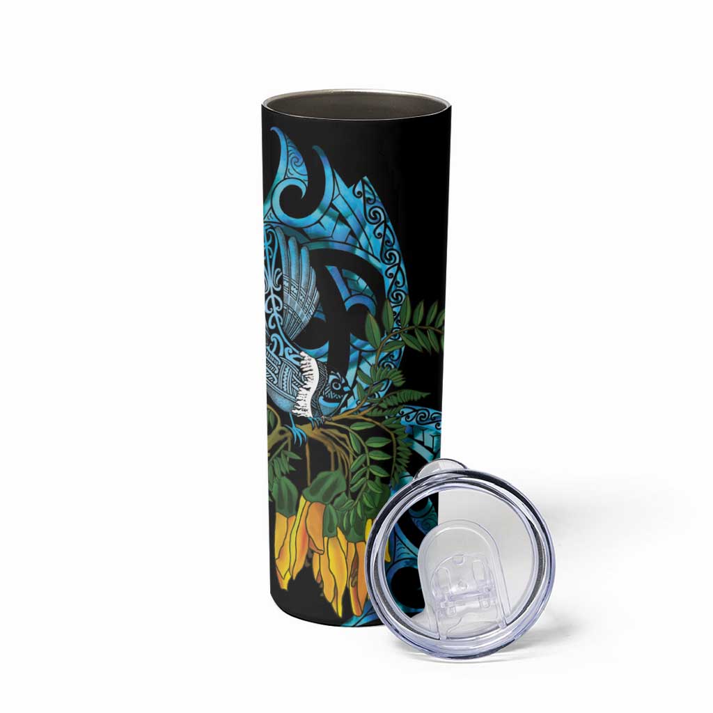 Turquoise New Zealand Kowhai And Piwakawaka Skinny Tumbler Maori Ngaru Paua Shell LT14 - Polynesian Pride