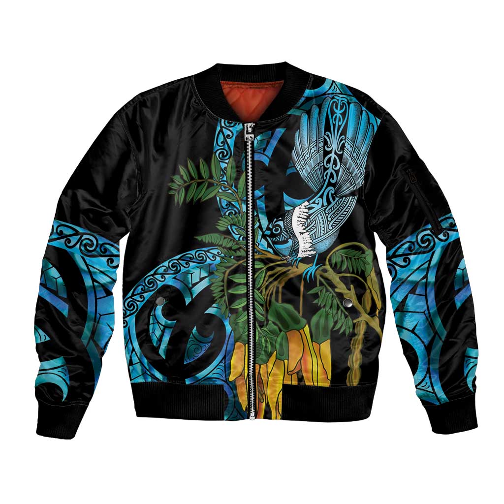 Turquoise New Zealand Kowhai And Piwakawaka Sleeve Zip Bomber Jacket Maori Ngaru Paua Shell LT14 Unisex Turquoise - Polynesian Pride