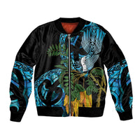 Turquoise New Zealand Kowhai And Piwakawaka Sleeve Zip Bomber Jacket Maori Ngaru Paua Shell LT14 Unisex Turquoise - Polynesian Pride