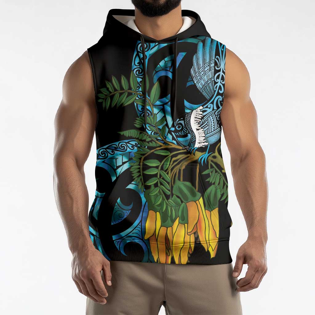 Turquoise New Zealand Kowhai And Piwakawaka Sleeveless Hoodie Maori Ngaru Paua Shell LT14 - Polynesian Pride