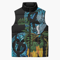 Turquoise New Zealand Kowhai And Piwakawaka Sleeveless Puffer Jacket Maori Ngaru Paua Shell LT14 Unisex Turquoise - Polynesian Pride
