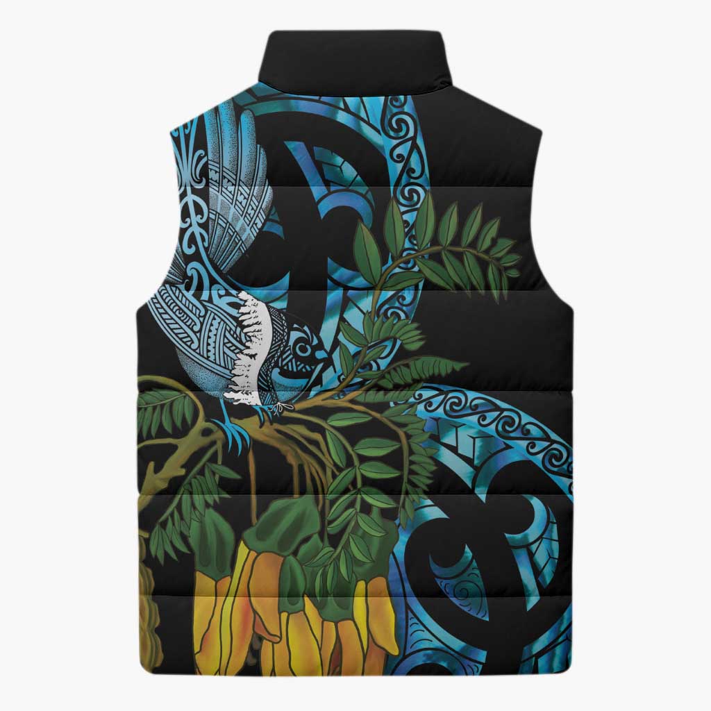 Turquoise New Zealand Kowhai And Piwakawaka Sleeveless Puffer Jacket Maori Ngaru Paua Shell LT14 - Polynesian Pride