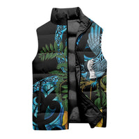 Turquoise New Zealand Kowhai And Piwakawaka Sleeveless Puffer Jacket Maori Ngaru Paua Shell LT14 - Polynesian Pride