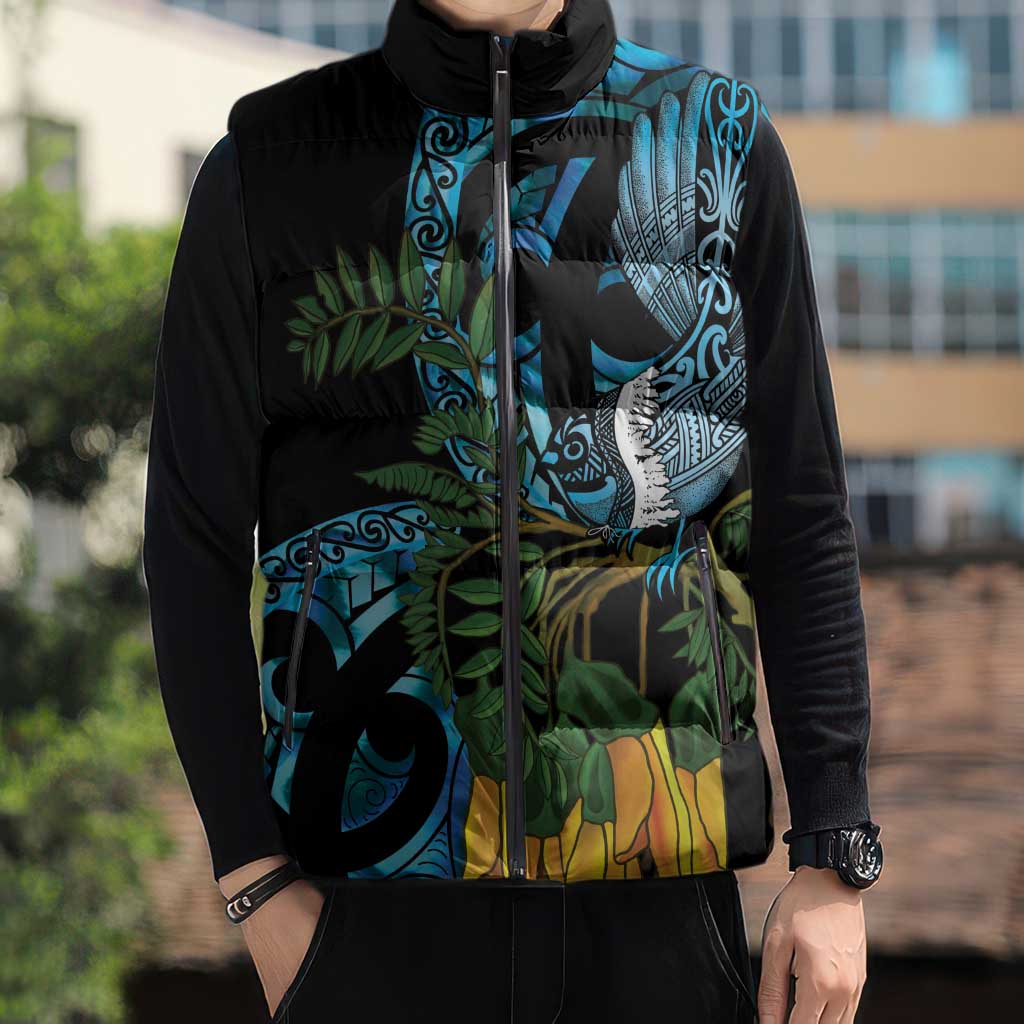 Turquoise New Zealand Kowhai And Piwakawaka Sleeveless Puffer Jacket Maori Ngaru Paua Shell LT14 - Polynesian Pride