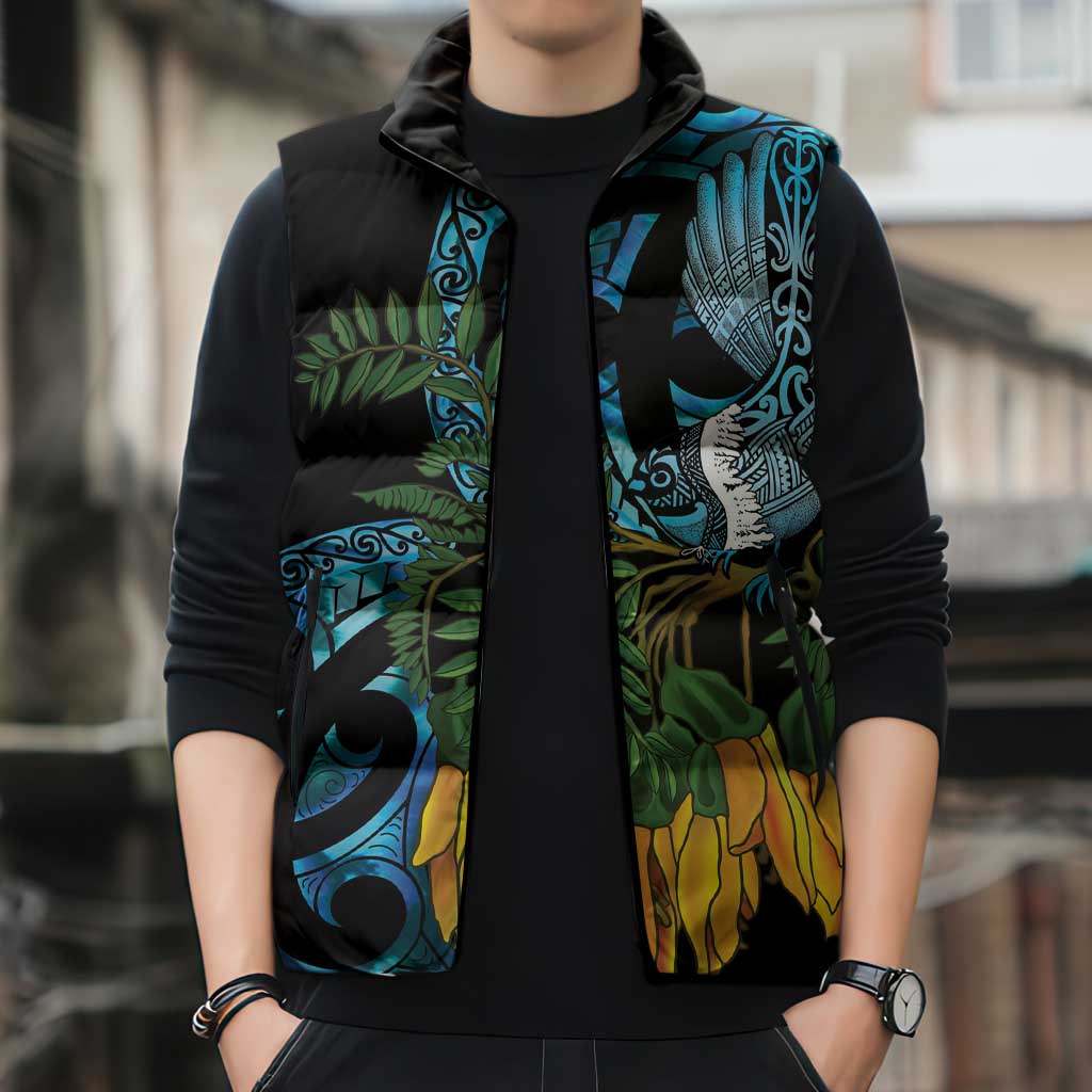 Turquoise New Zealand Kowhai And Piwakawaka Sleeveless Puffer Jacket Maori Ngaru Paua Shell LT14 - Polynesian Pride