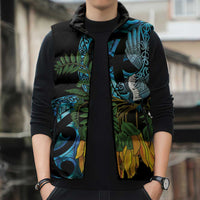 Turquoise New Zealand Kowhai And Piwakawaka Sleeveless Puffer Jacket Maori Ngaru Paua Shell LT14 - Polynesian Pride