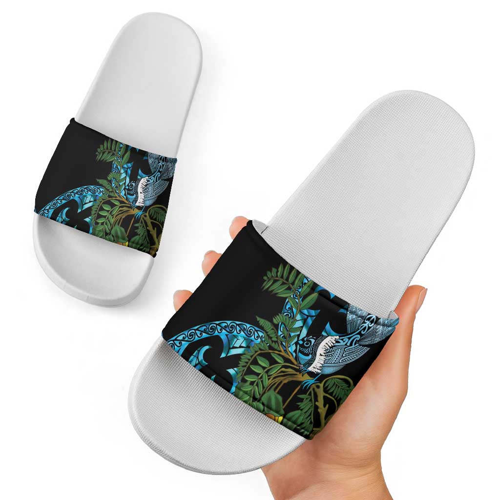 Turquoise New Zealand Kowhai And Piwakawaka Slide Sandals Maori Ngaru Paua Shell LT14 - Polynesian Pride