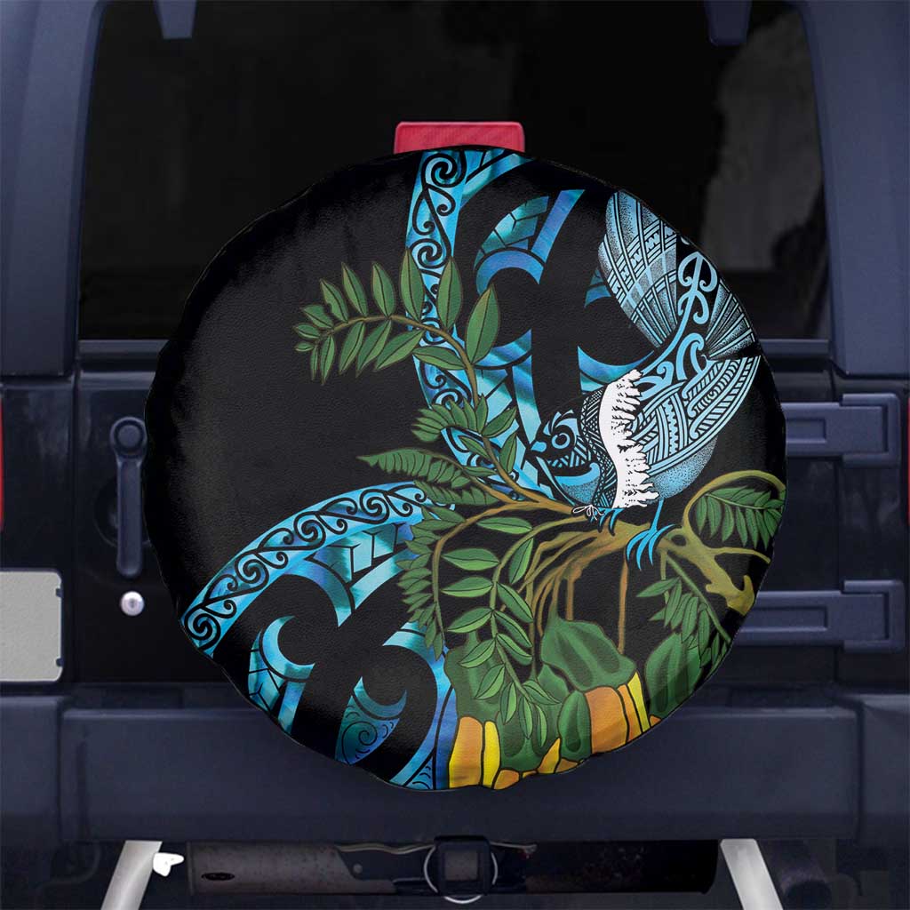 Turquoise New Zealand Kowhai And Piwakawaka Spare Tire Cover Maori Ngaru Paua Shell LT14 No hole Turquoise - Polynesian Pride