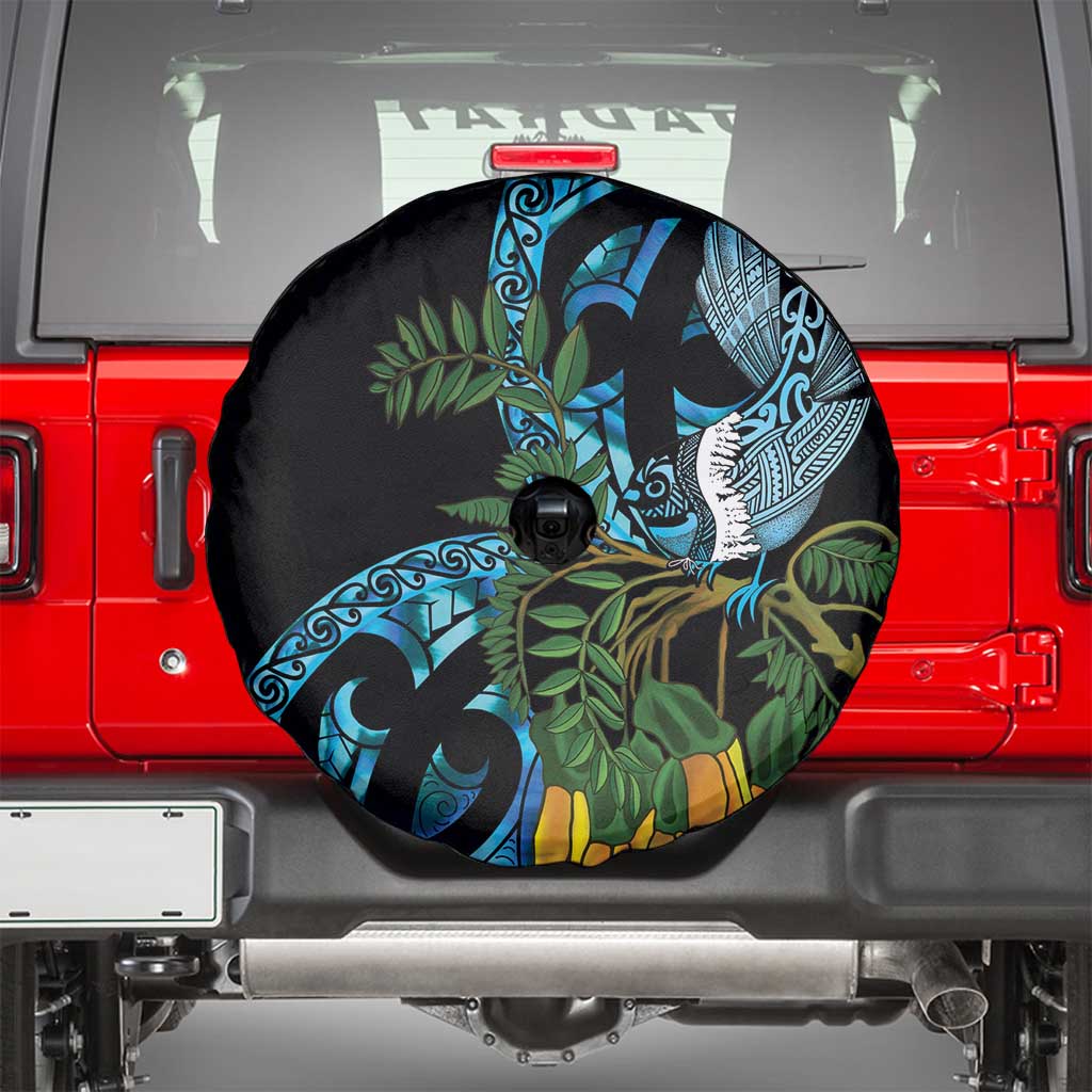 Turquoise New Zealand Kowhai And Piwakawaka Spare Tire Cover Maori Ngaru Paua Shell LT14 - Polynesian Pride