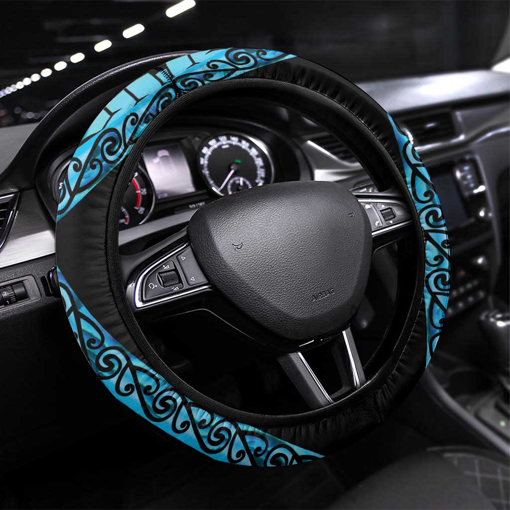 Turquoise New Zealand Kowhai And Piwakawaka Steering Wheel Cover Maori Ngaru Paua Shell LT14 Universal Fit Turquoise - Polynesian Pride