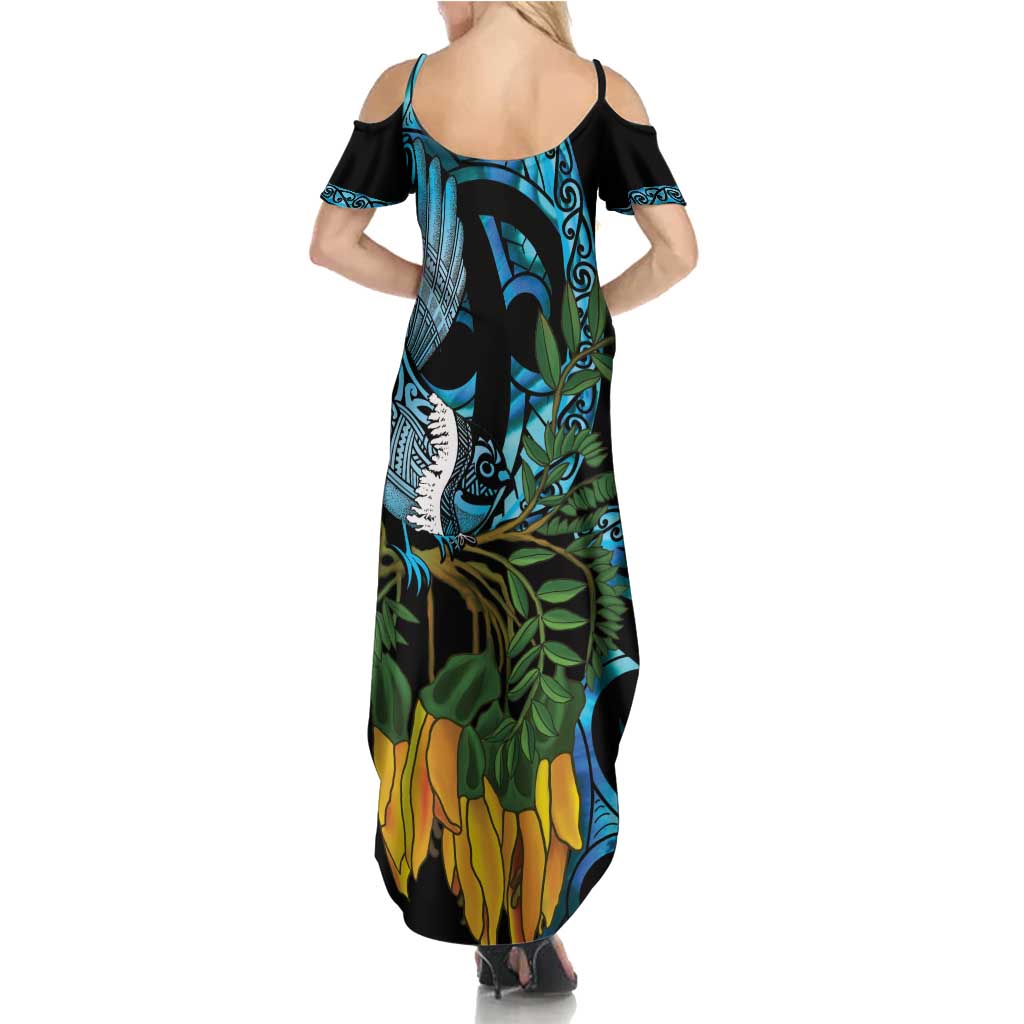 Turquoise New Zealand Kowhai And Piwakawaka Summer Maxi Dress Maori Ngaru Paua Shell LT14 - Polynesian Pride