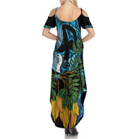 Turquoise New Zealand Kowhai And Piwakawaka Summer Maxi Dress Maori Ngaru Paua Shell LT14 - Polynesian Pride